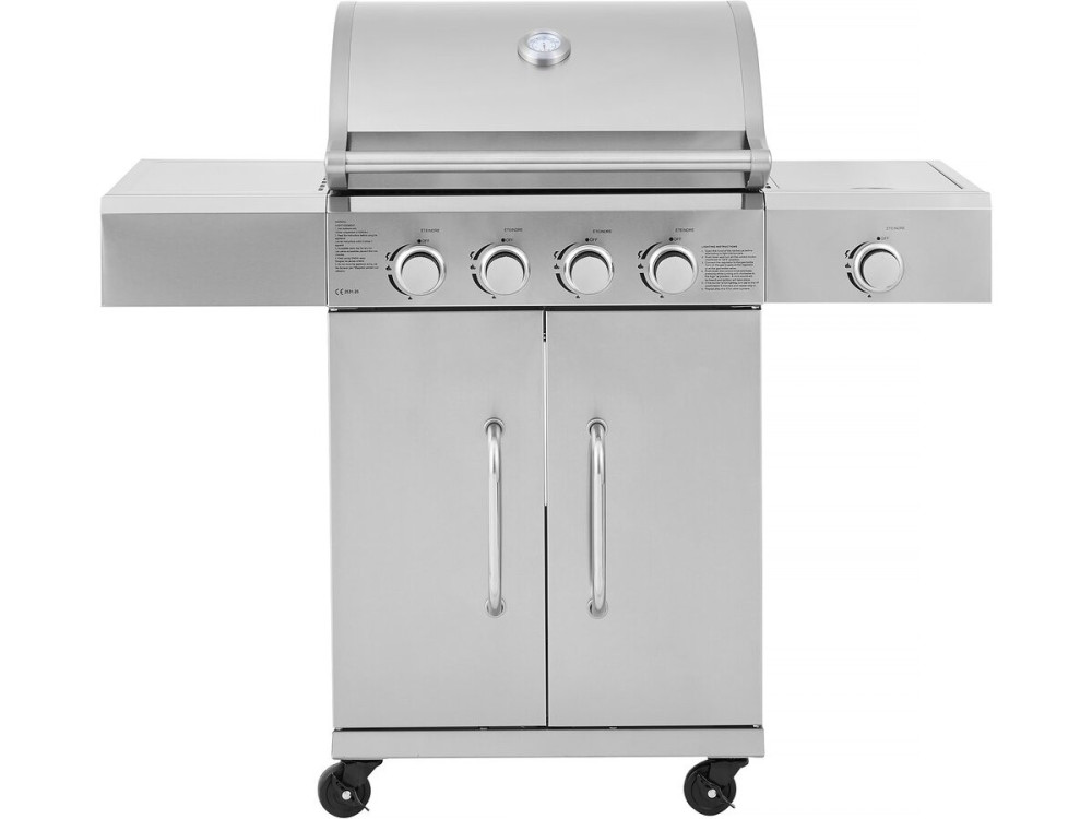 Grill gazowy ze stali nierdzewnej z 5 palnikami, w tym 1 palnik boczny "Brazzo" - 118 x 57 x 104 cm - Jasnoszary